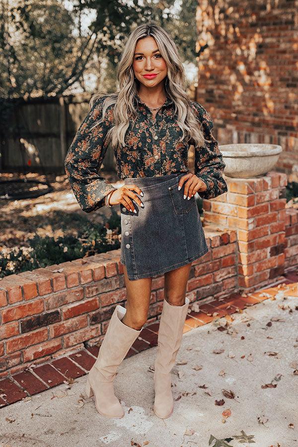 Impressions Autumn Blooms Knit Button Up In Hunter Green