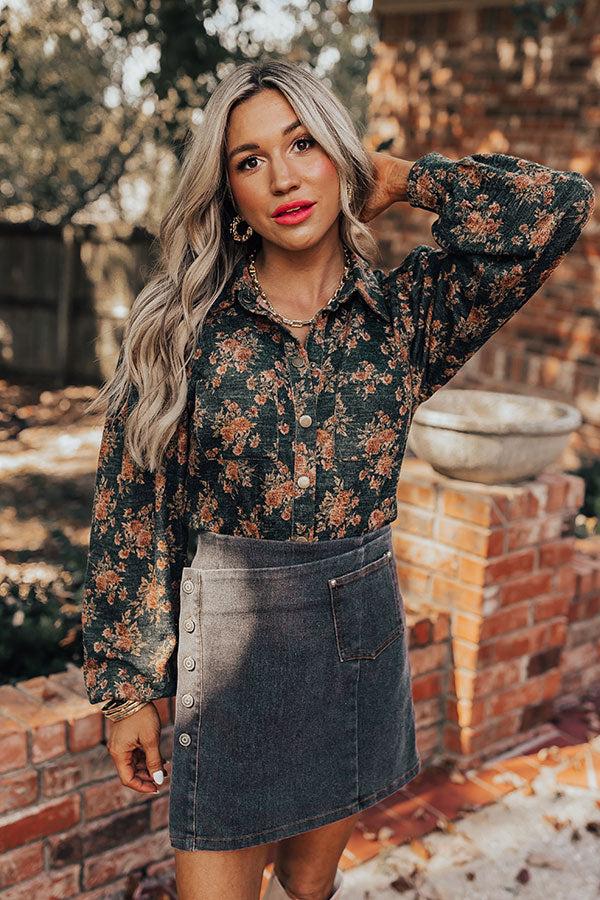 Impressions Autumn Blooms Knit Button Up In Hunter Green