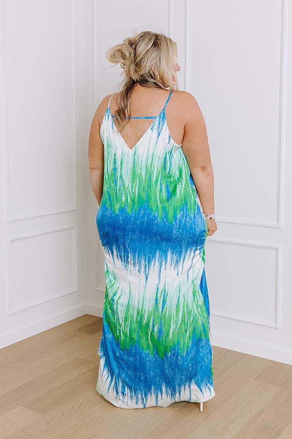Impressions Bali Sunrise Satin Maxi Dress In Blue Curves