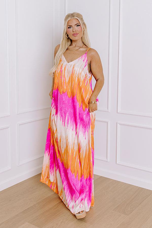 Impressions Bali Sunrise Satin Maxi Dress In Orange Curves