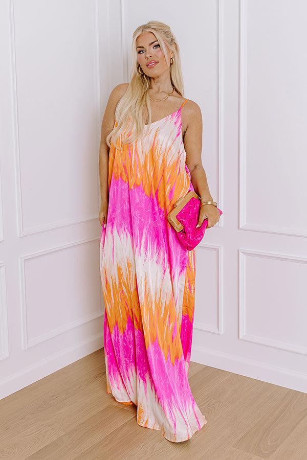 Impressions Bali Sunrise Satin Maxi Dress in Orange Curves