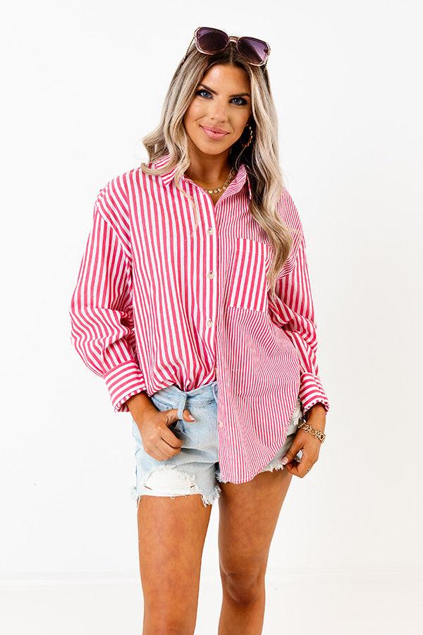 Impressions Boating Day Stripe Button Up In Hot Pink