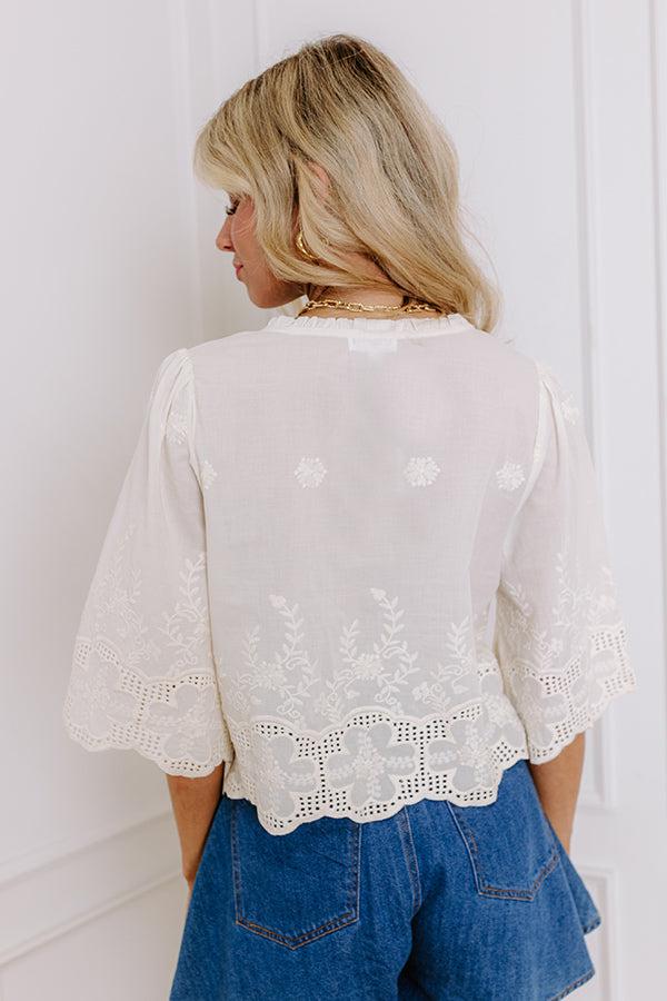 Impressions Boho Charm Embroidered Front Tie Top In Cream