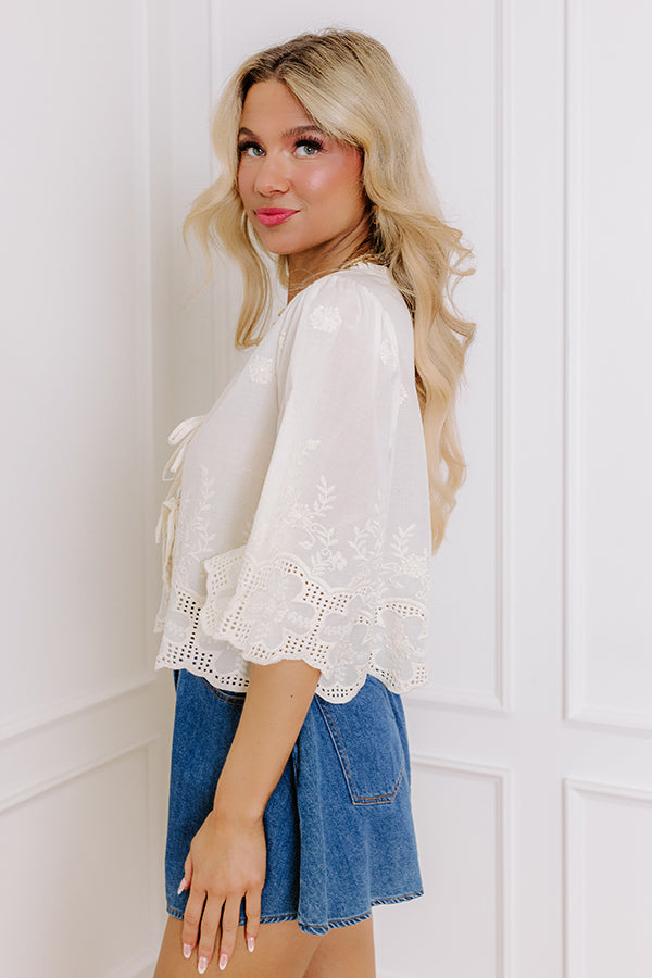 Impressions Boho Charm Embroidered Front Tie Top In Cream