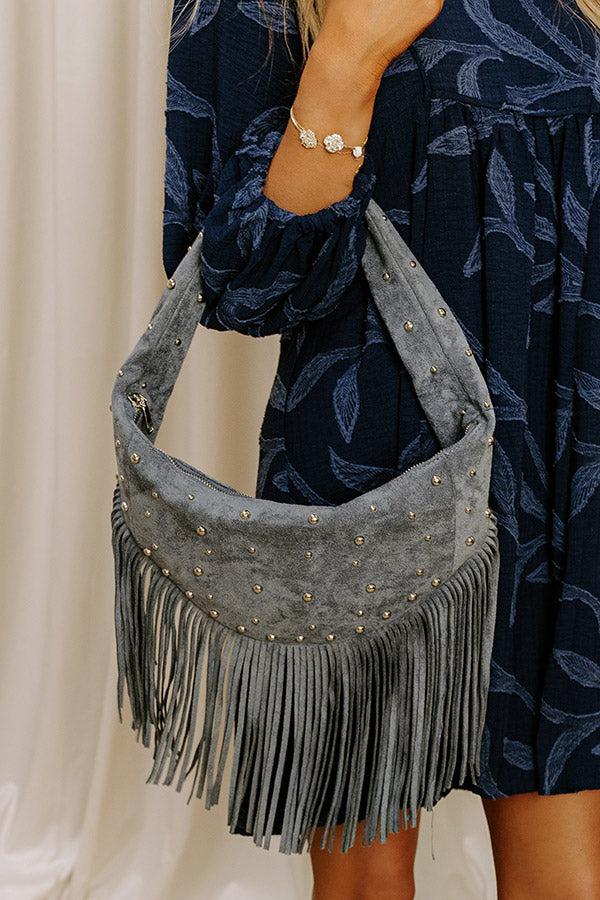 Impressions Boho Feels Faux Suede Fringe Purse in Slate