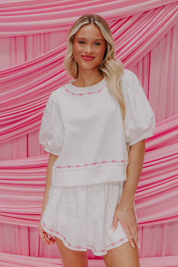 Impressions Bows And Kisses Pearl Embellished Top In White