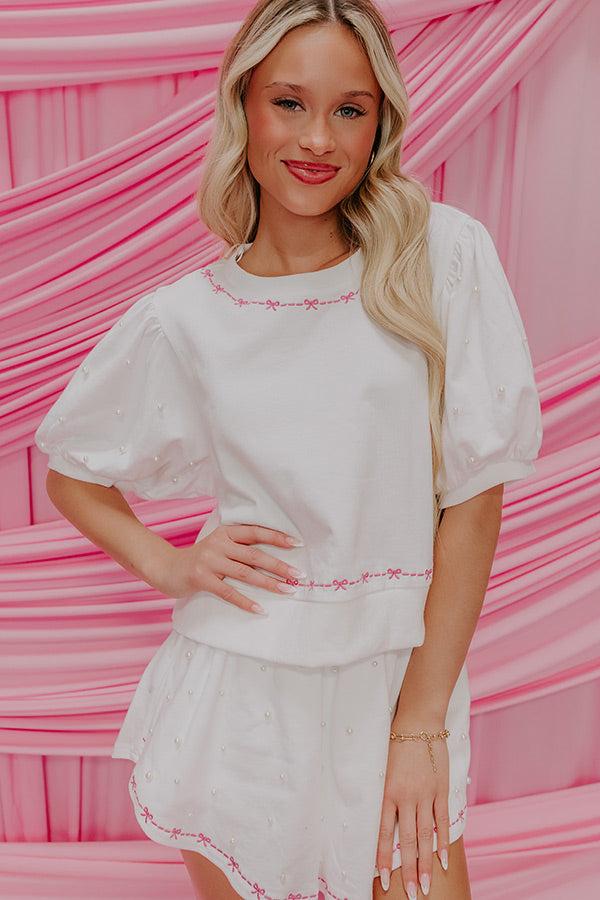 Impressions Bows And Kisses Pearl Embellished Top In White