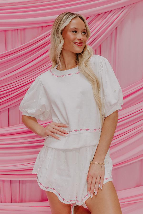 Impressions Bows And Kisses Pearl Embellished Top in White