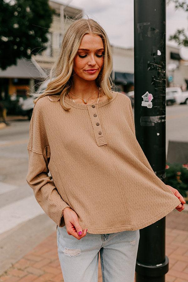 Impressions Breezy Times Oversized Henley Top In Taupe