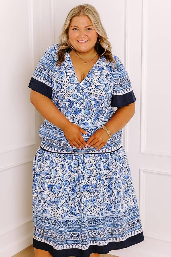 Impressions Bright Days Ahead Floral Midi Dress in Blue Curves