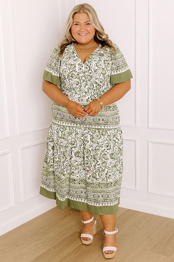 Impressions Bright Days Ahead Floral Midi Dress in Olive Curves