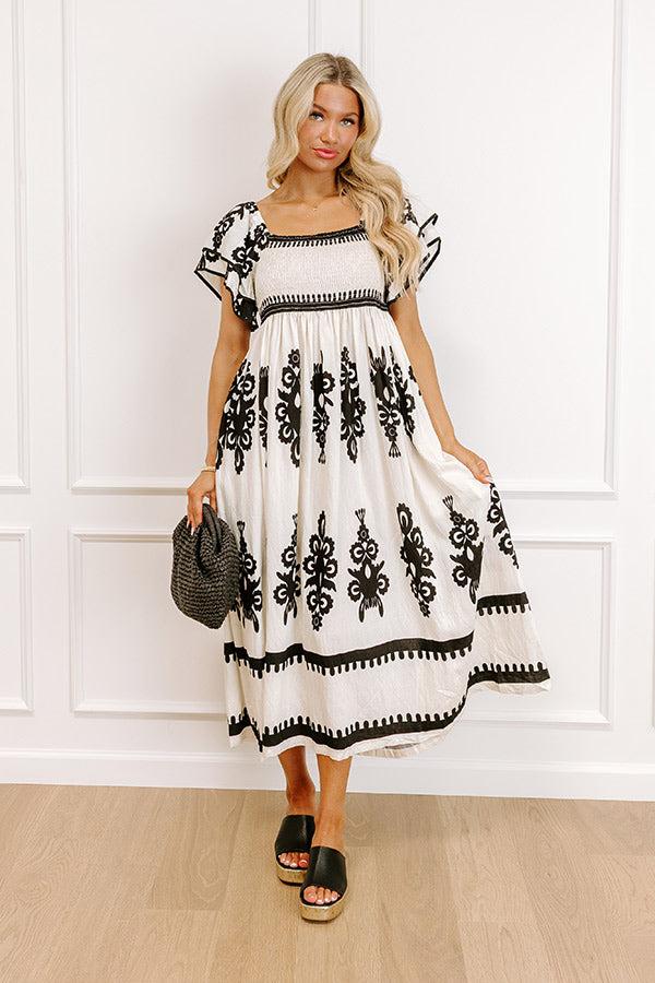 Impressions Bungalow Party Smocked Midi Dress in Cream