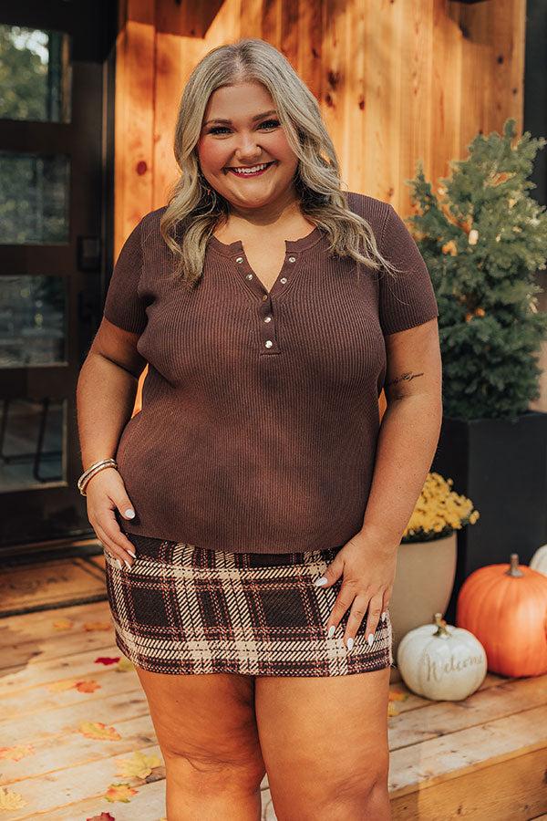 Impressions Cafe Hangout Ribbed Henley Top In Chestnut Curves