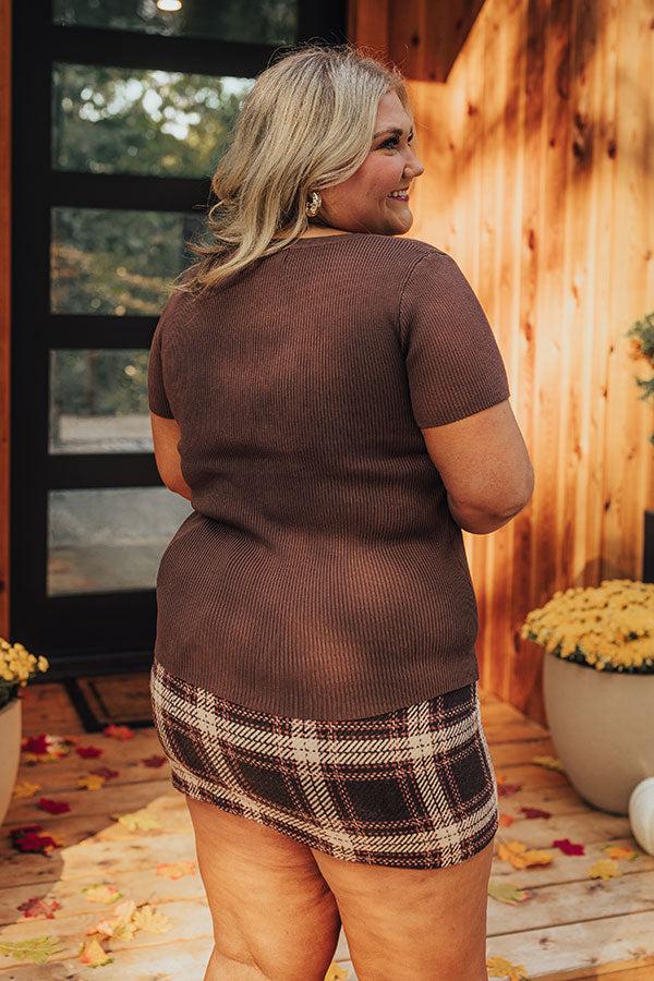 Impressions Cafe Hangout Ribbed Henley Top In Chestnut Curves