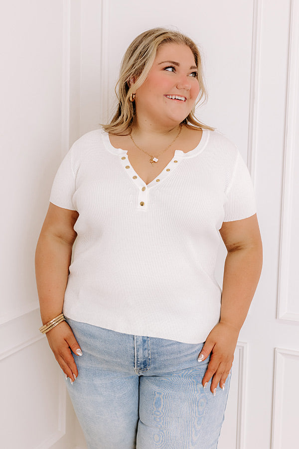 Impressions Cafe Hangout Ribbed Henley Top In Ivory Curves