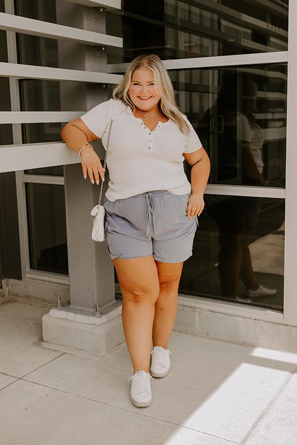 Impressions Cafe Hangout Ribbed Henley Top In Ivory Curves