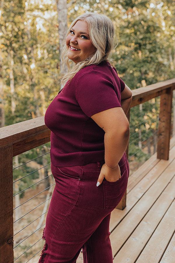 Impressions Cafe Hangout Ribbed Henley Top In Merlot Curves