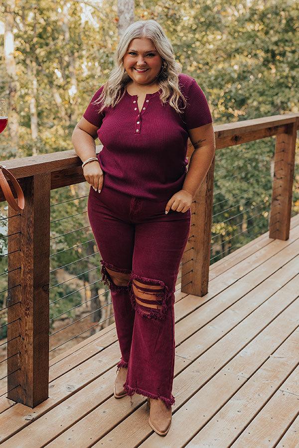 Impressions Cafe Hangout Ribbed Henley Top In Merlot Curves