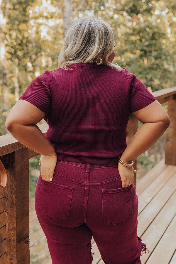 Impressions Cafe Hangout Ribbed Henley Top In Merlot Curves