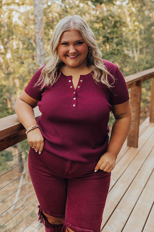 Impressions Cafe Hangout Ribbed Henley Top in Merlot Curves