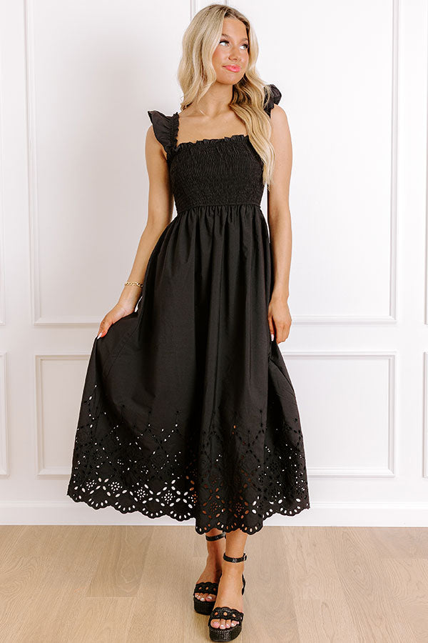 Impressions Call It Serendipity Smocked Eyelet Midi Dress In Black
