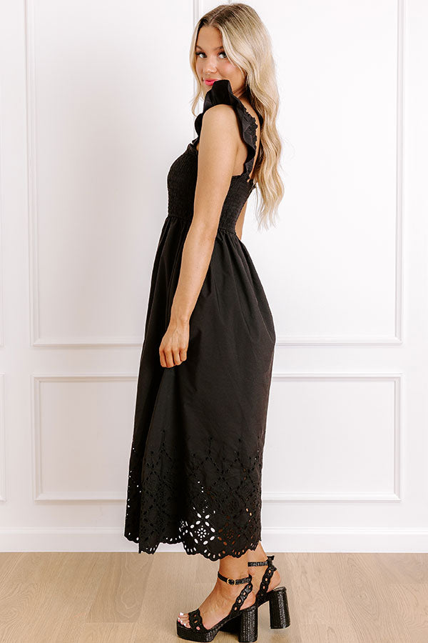 Impressions Call It Serendipity Smocked Eyelet Midi Dress In Black
