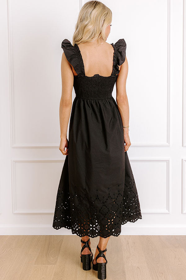 Impressions Call It Serendipity Smocked Eyelet Midi Dress In Black