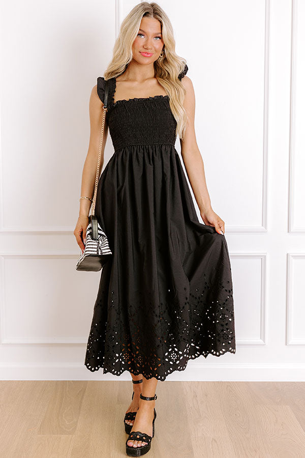 Impressions Call It Serendipity Smocked Eyelet Midi Dress in Black
