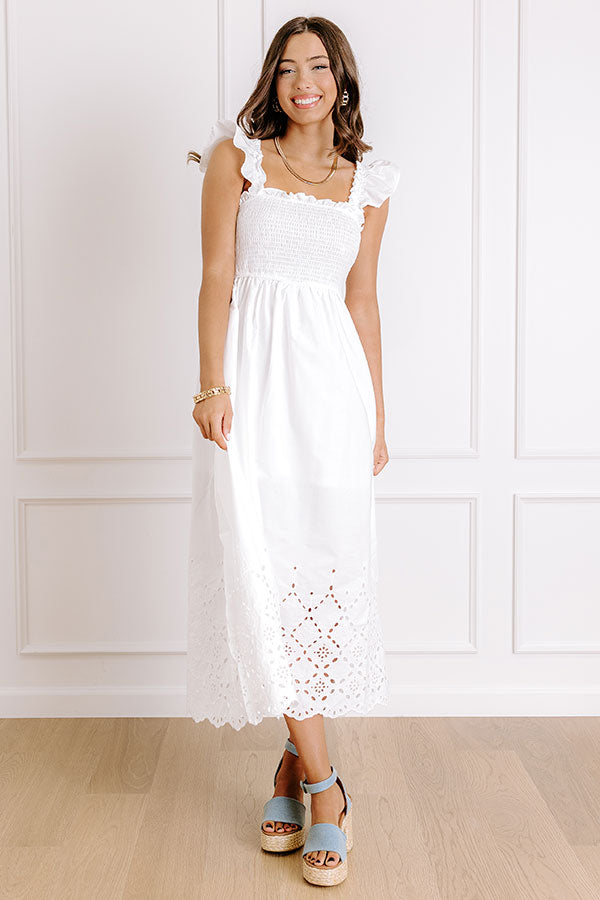 Impressions Call It Serendipity Smocked Eyelet Midi Dress In White
