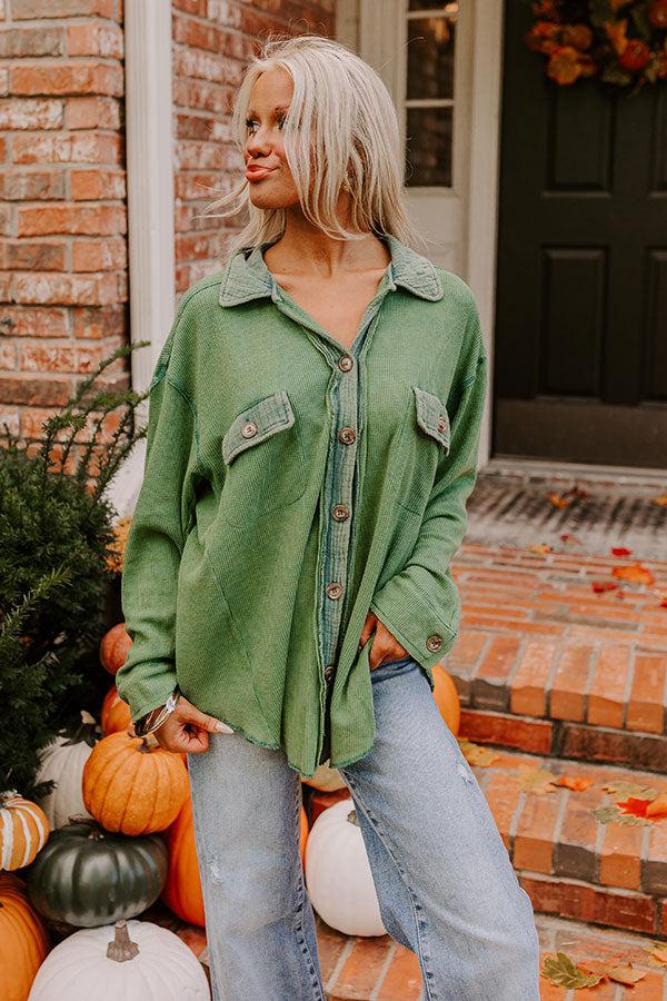 Impressions Campfire Stories Waffle Knit Button Up In Green