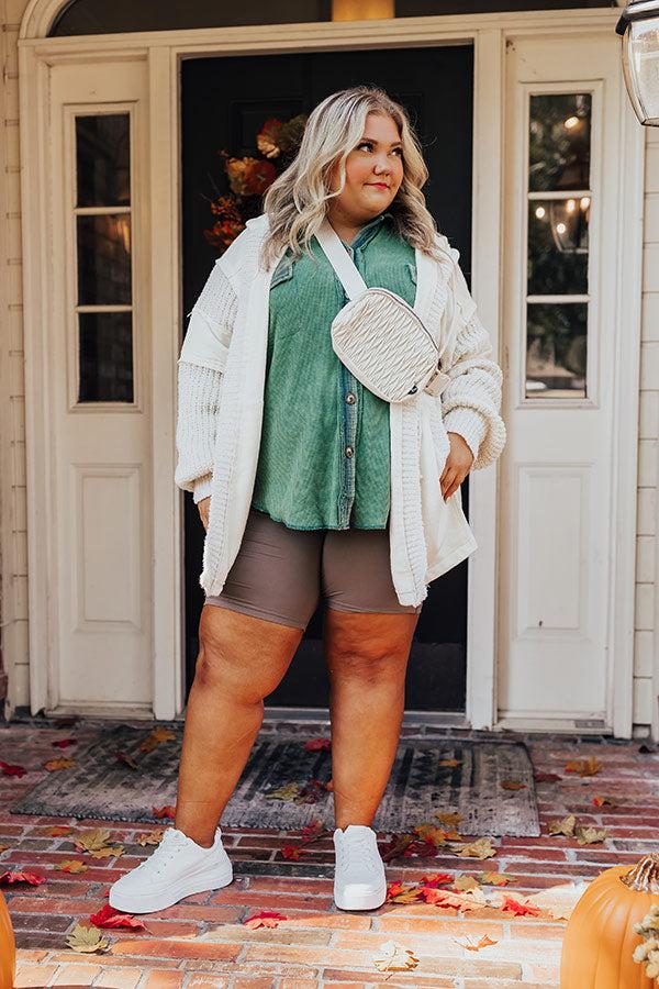 Impressions Campfire Stories Waffle Knit Button Up In Green Curves