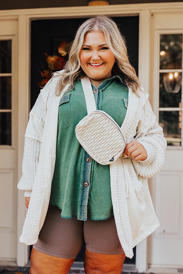 Impressions Campfire Stories Waffle Knit Button Up In Green Curves