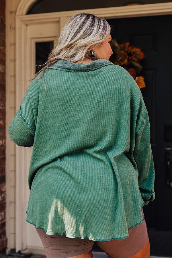 Impressions Campfire Stories Waffle Knit Button Up In Green Curves