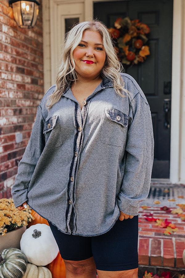 Impressions Campfire Stories Waffle Knit Button Up In Grey Curves