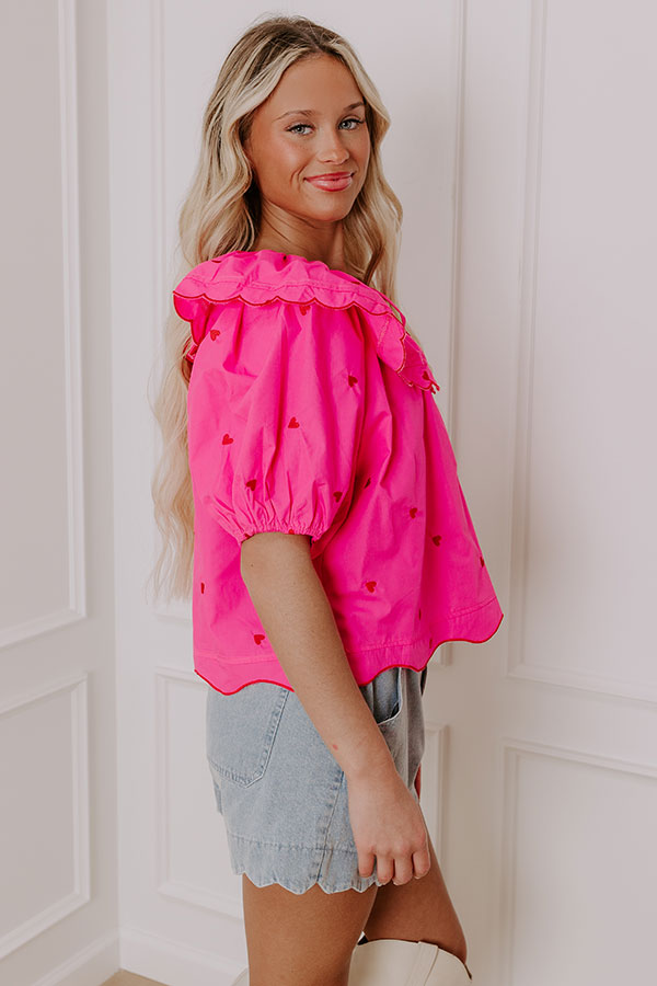 Impressions Candy Hearts Embroidered Top In Hot Pink