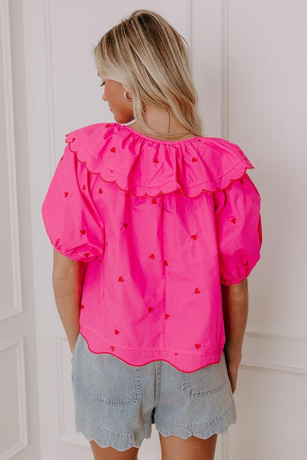Impressions Candy Hearts Embroidered Top In Hot Pink