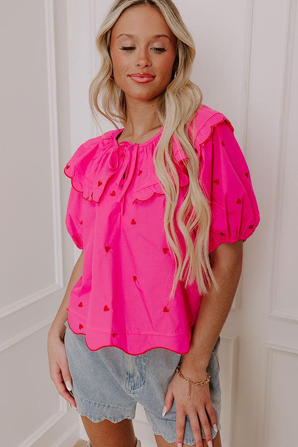 Impressions Candy Hearts Embroidered Top in Hot Pink