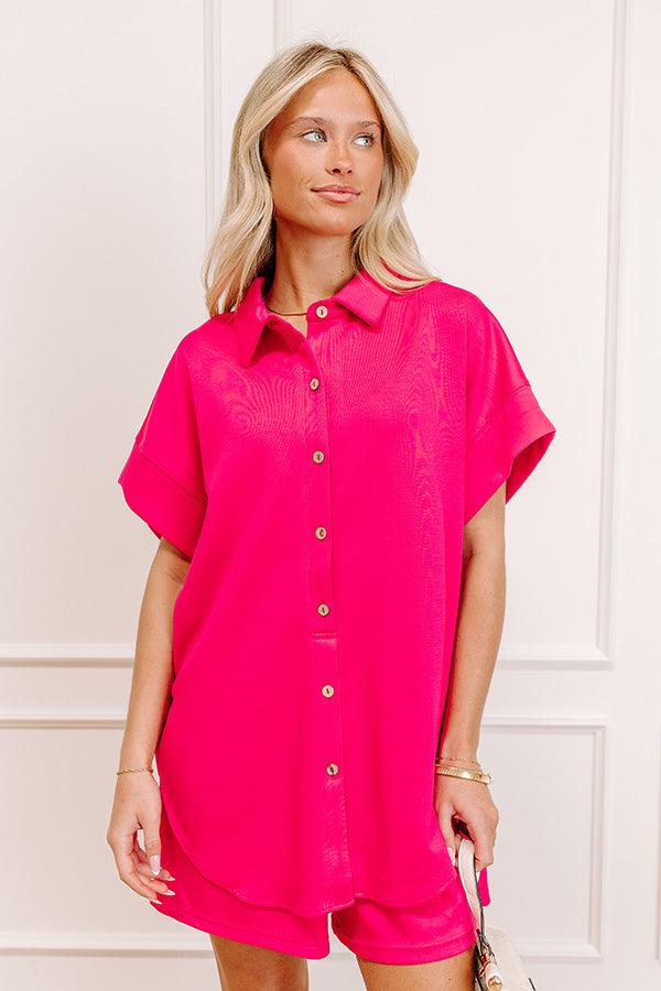 Impressions Carefree Charm Button Down Romper In Hot Pink