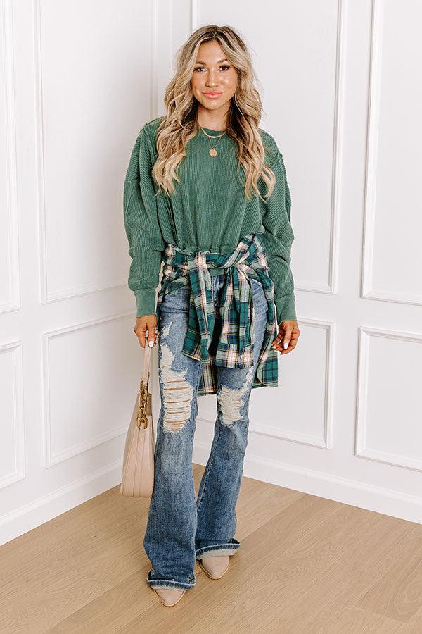 Impressions Cedar Creek Waffle Knit Top In Hunter Green