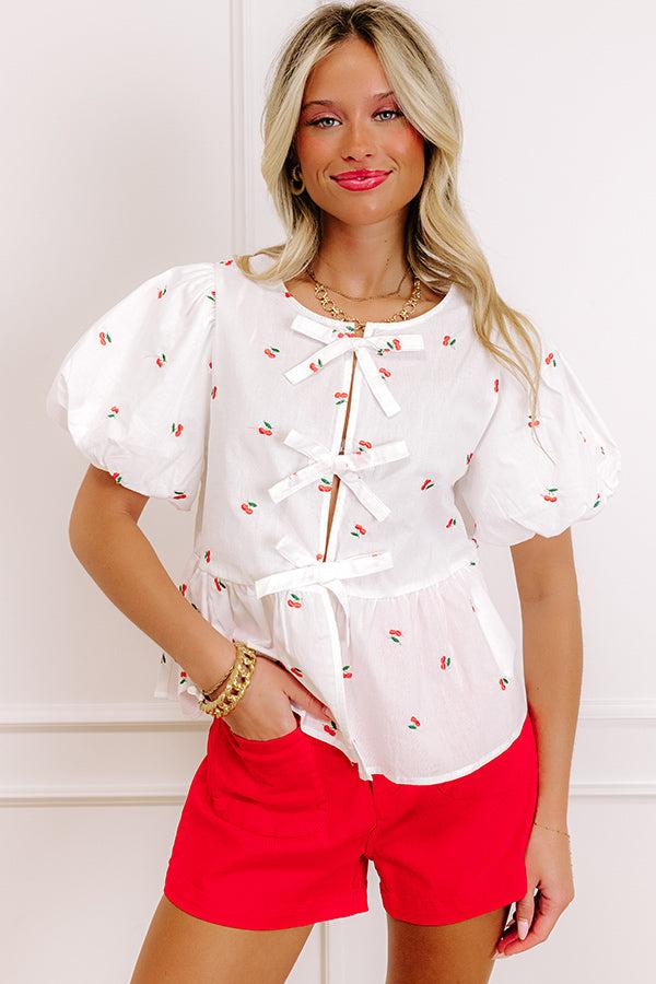 Impressions Cherry On Top Front Tie Embroidered Top