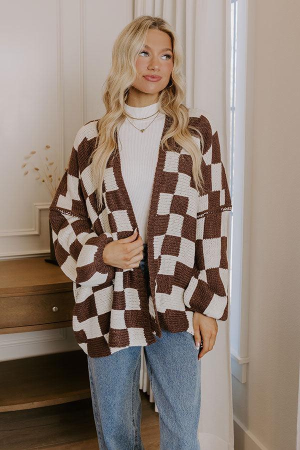 Impressions Chic Checkmate Knit Cardigan In Chestnut