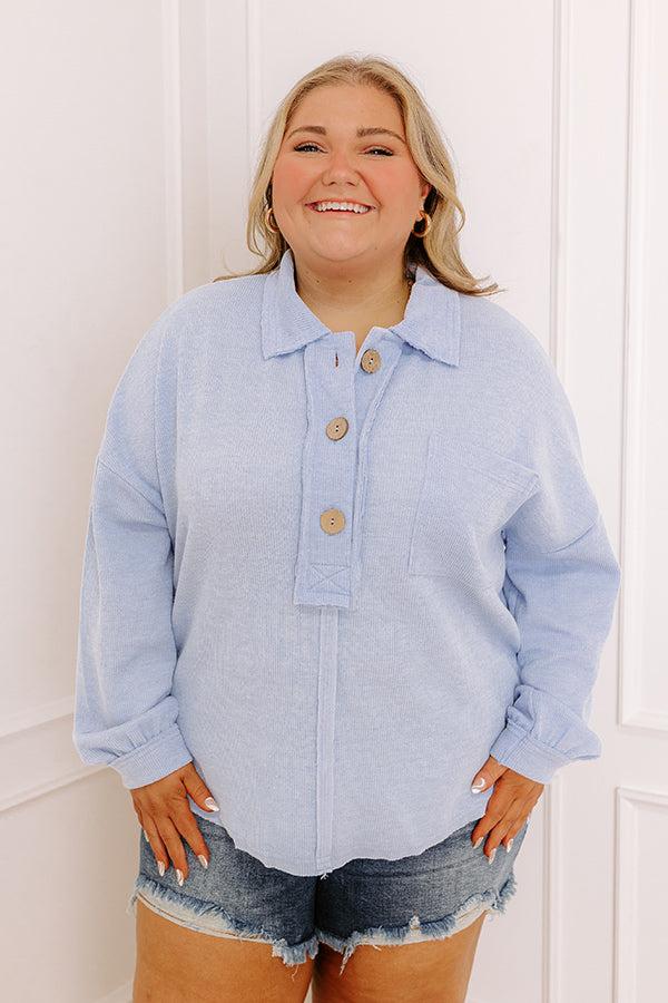 Impressions Chic Harvest Knit Henley Top In Sky Blue Curves