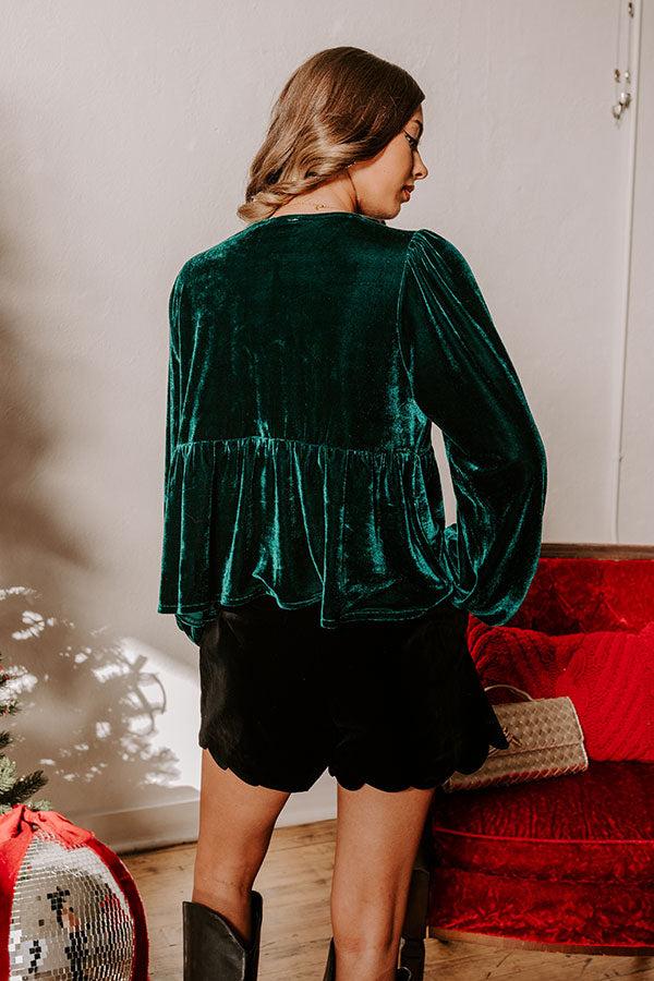 Impressions Chic Lifestyle Front Tie Velvet Top In Hunter Green