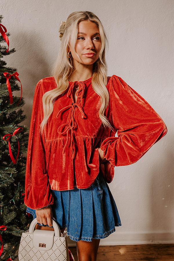 Impressions Chic Lifestyle Front Tie Velvet Top In Scarlet