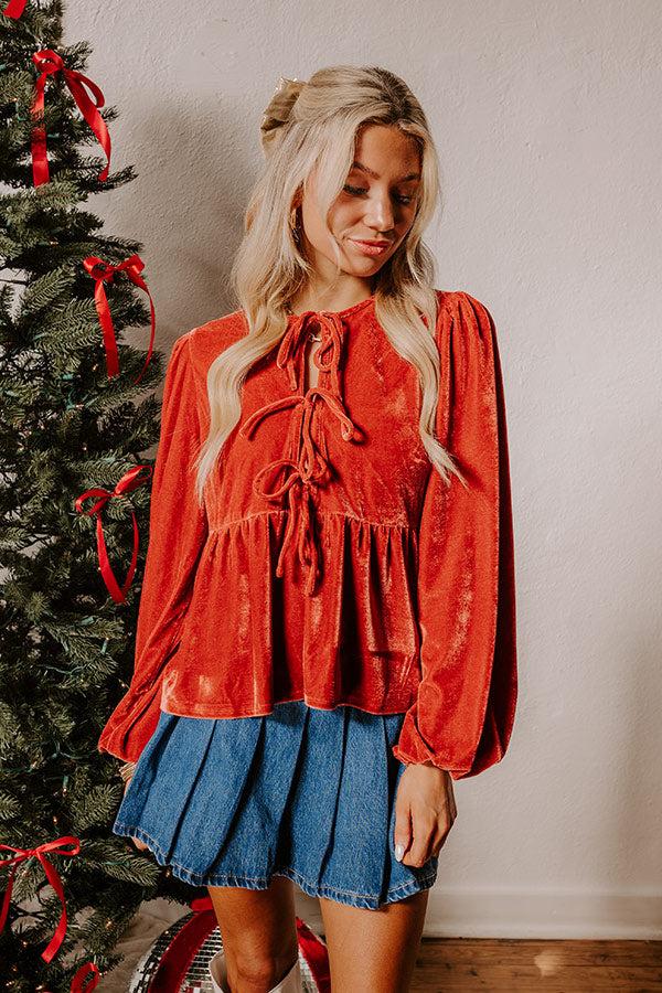 Impressions Chic Lifestyle Front Tie Velvet Top In Scarlet