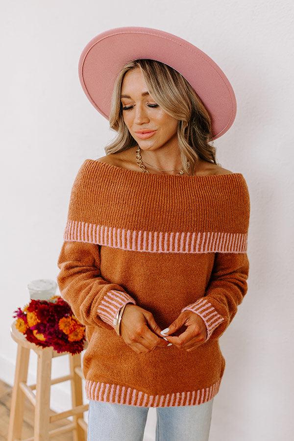 Impressions Chic Moment Off Shoulder Knit Sweater In Cinnamon