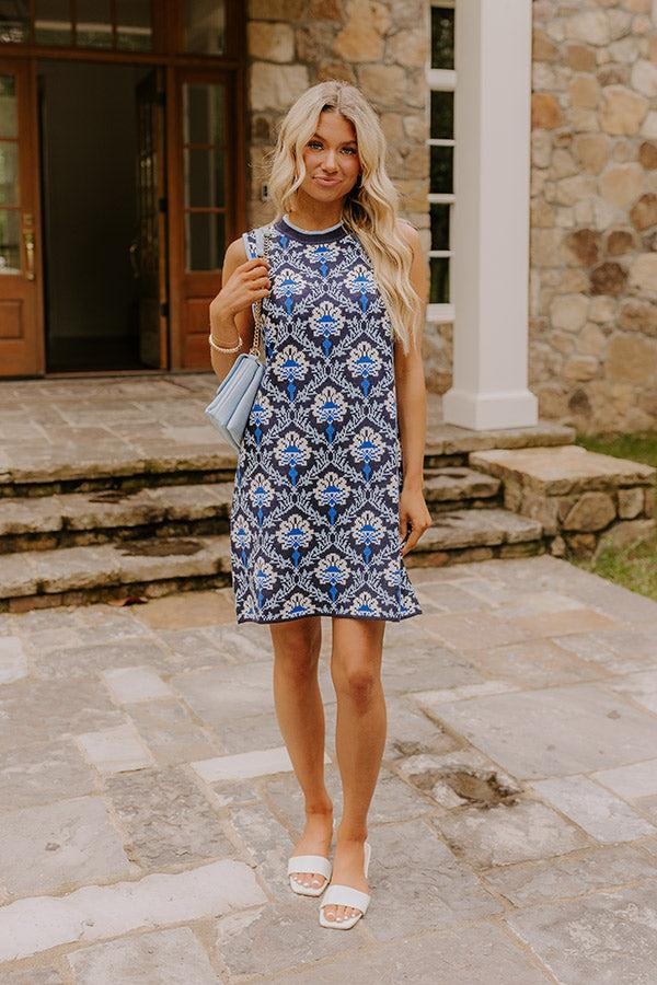 Impressions Chic Statement Floral Knit Mini Dress in Navy