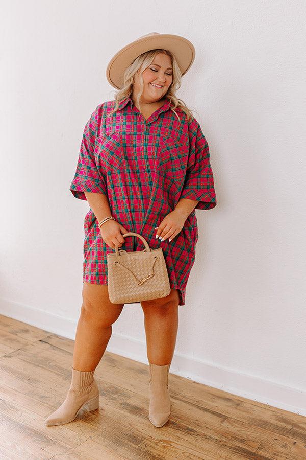 Impressions Cider Sippin' Oversized Plaid Mini Dress In Pink Curves