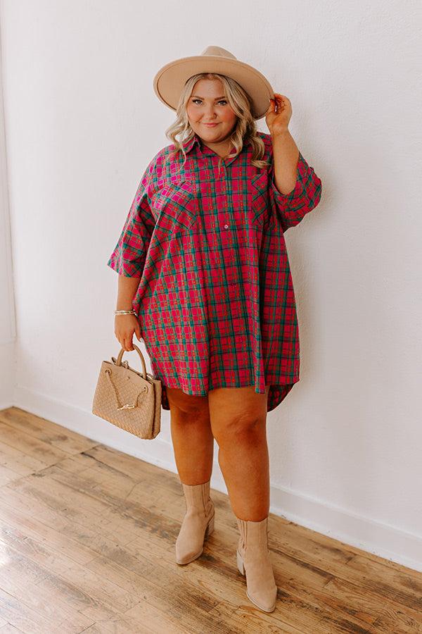 Impressions Cider Sippin' Oversized Plaid Mini Dress in Pink Curves