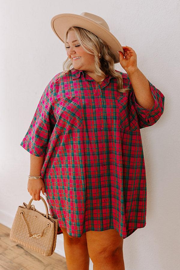 Impressions Cider Sippin' Oversized Plaid Mini Dress In Pink Curves